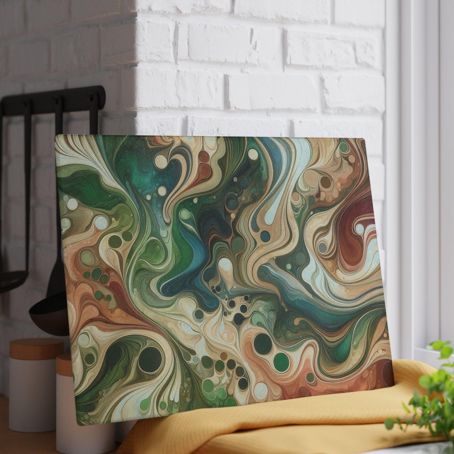 Deco Art Blues Greens Browns Marble Look Glass Cutting Board against wall