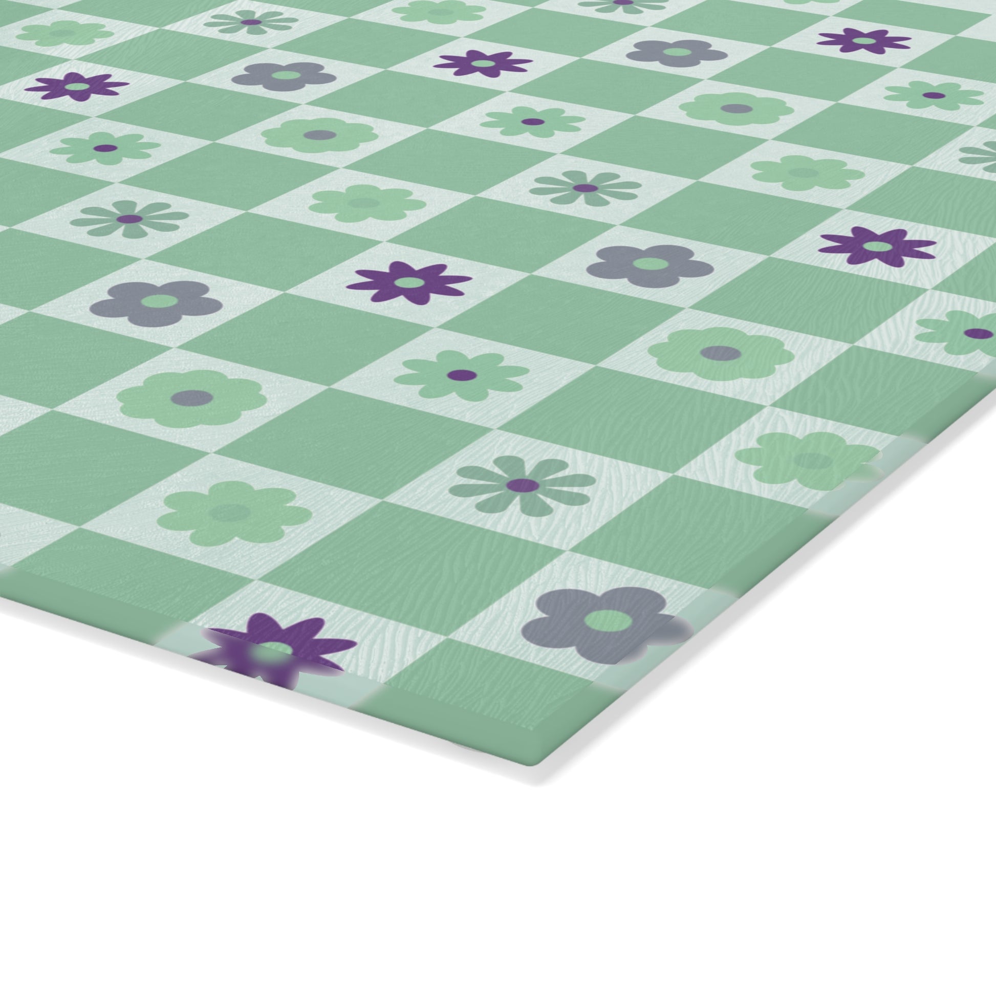 Minty Checkered and Purple Flowers Kitchen Retro Glass Cutting Board small board corner