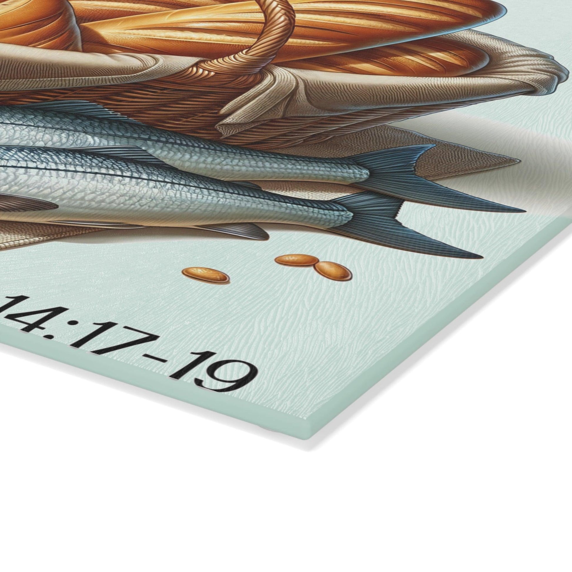 5 loaves and 2 fish glass cutting board on table corner shot