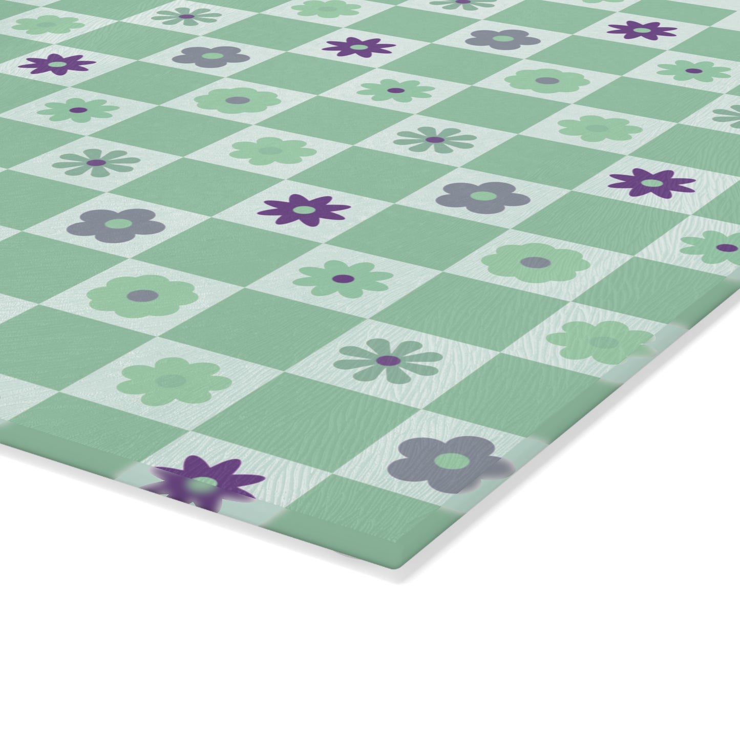 Minty Checkered and Purple Flowers Kitchen Glass Cutting Board, Retro Checkered Cutting Board, Cute Flowers Board