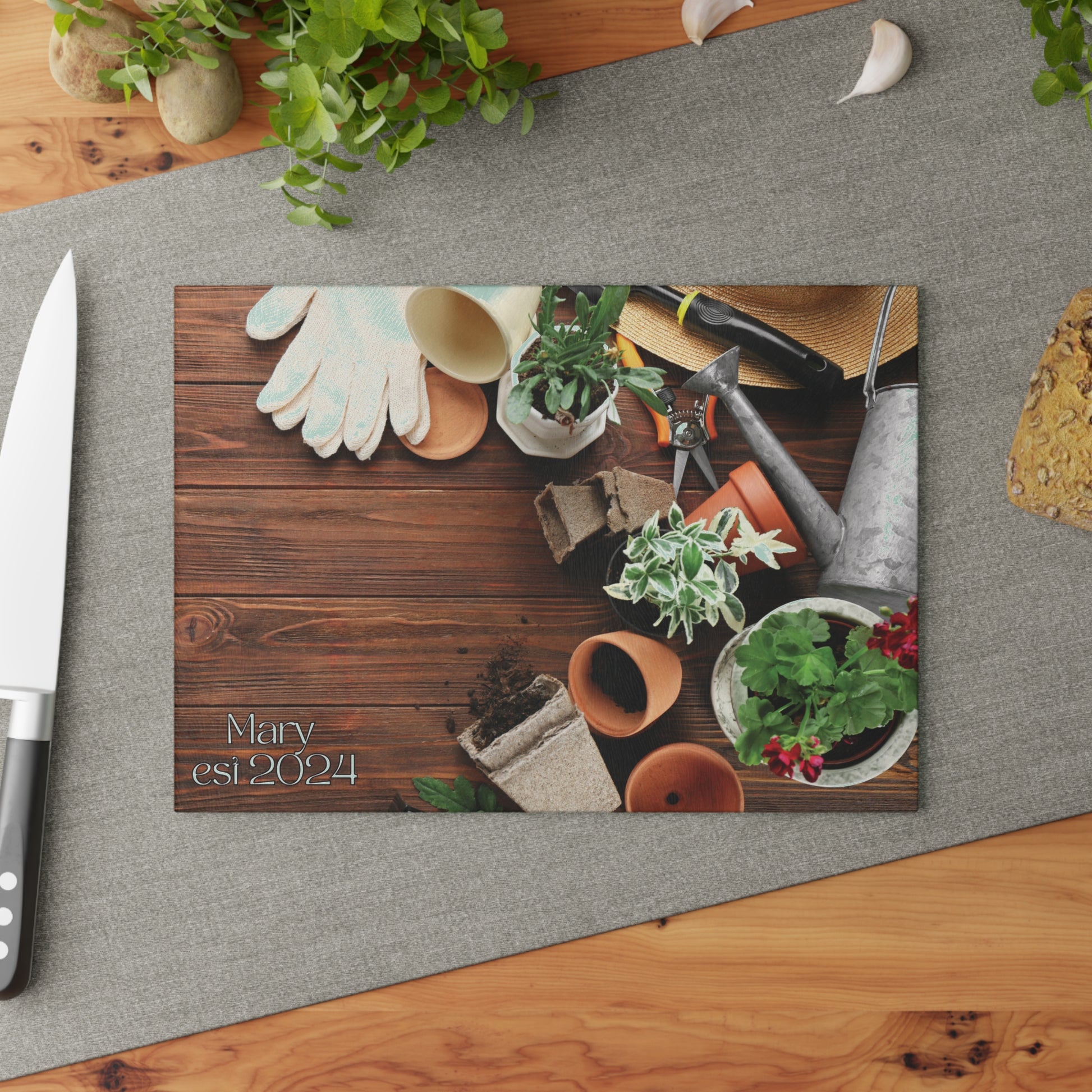 Personalized Garden Tools Glass Cutting Board table shot