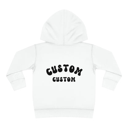 white custom toddler hoodie text on back of hoodie