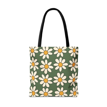 Daisies Green Tote Bag, Boho Daisies with All Over Print Tote, Plant Lady Bag, Gardener Accessory Bag