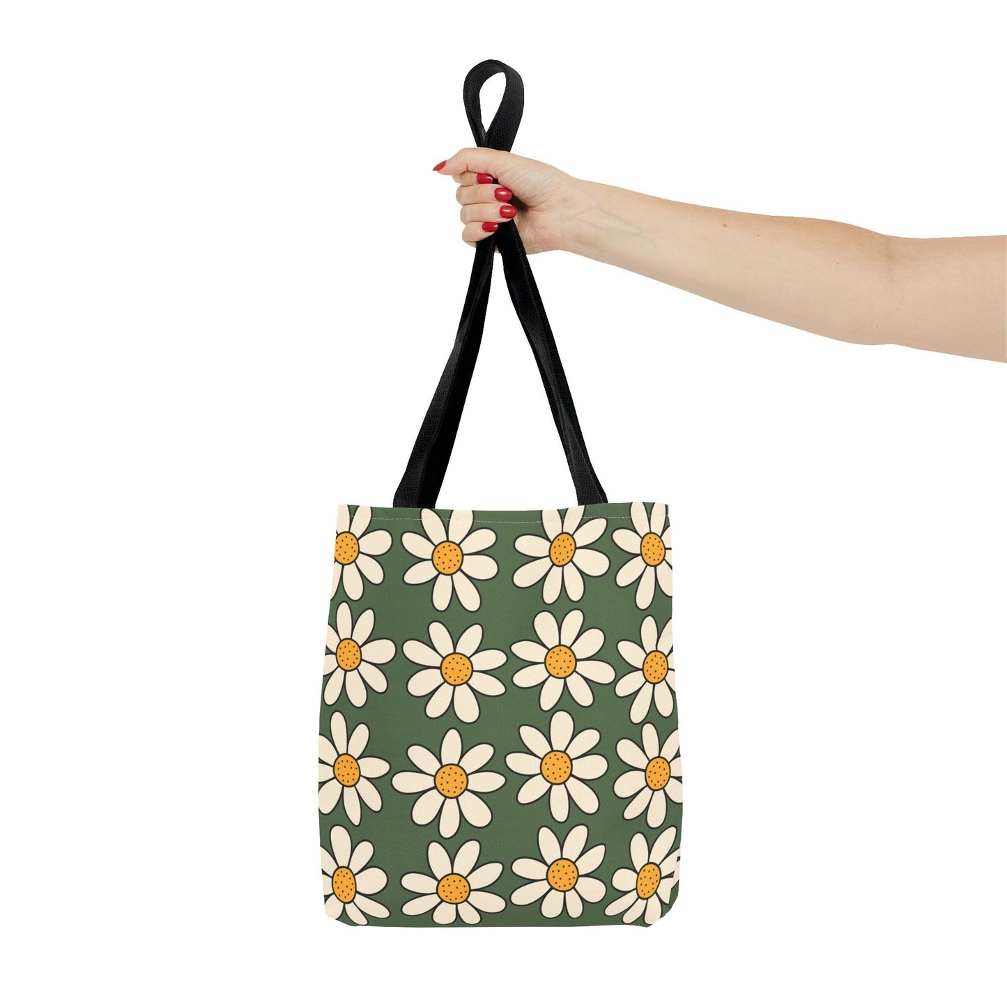 Daisies Green Tote Bag, Boho Daisies with All Over Print Tote, Plant Lady Bag, Gardener Accessory Bag