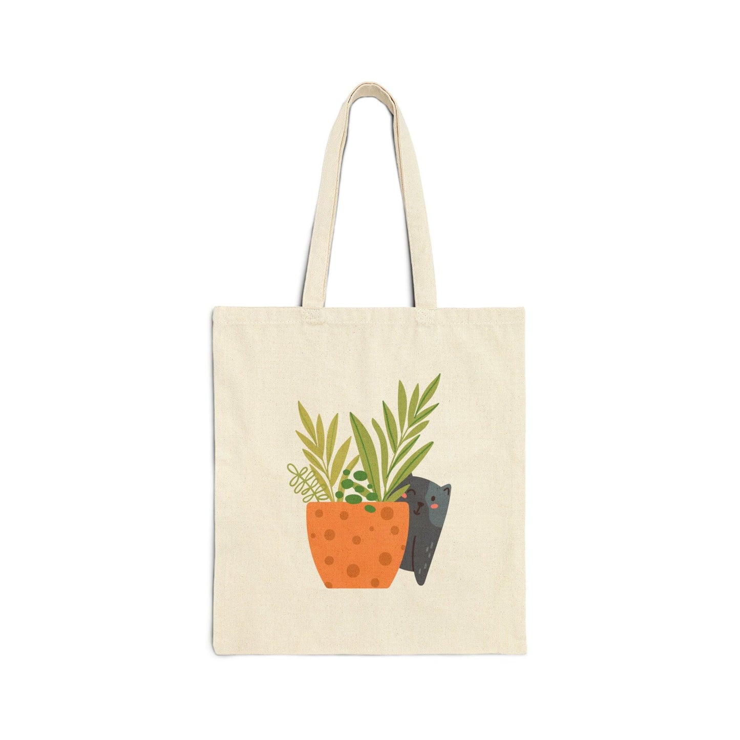 Plant Tote with Cat Peaking from Behind Cotton Canvas Tote Bag, Cute Plant with Cat Bag, Garden Lover, Cat Lover