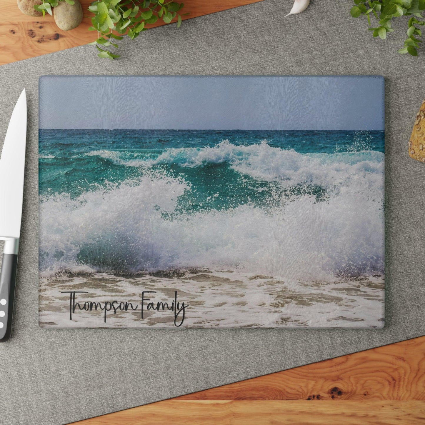 Personalized Ocean Waves Glass Cutting Board table