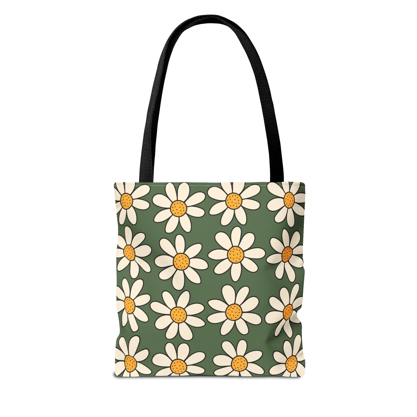 Daisies Green Tote Bag, Boho Daisies with All Over Print Tote, Plant Lady Bag, Gardener Accessory Bag