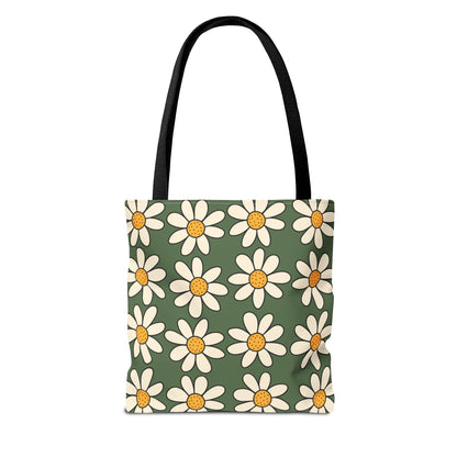 Daisies Green Tote Bag, Boho Daisies with All Over Print Tote, Plant Lady Bag, Gardener Accessory Bag