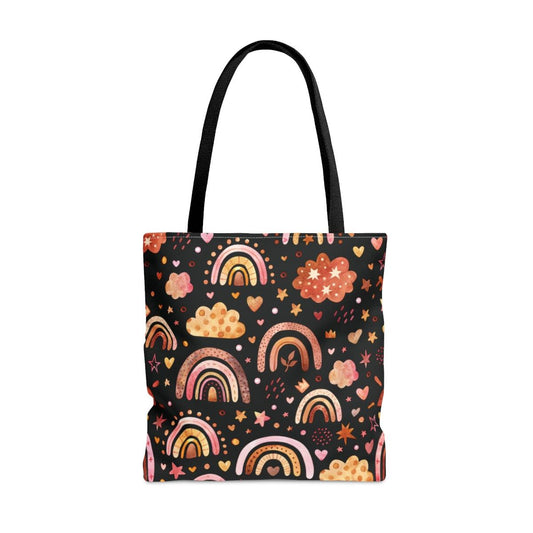 Boho Rainbow Pattern Black Tote Bag laying flat