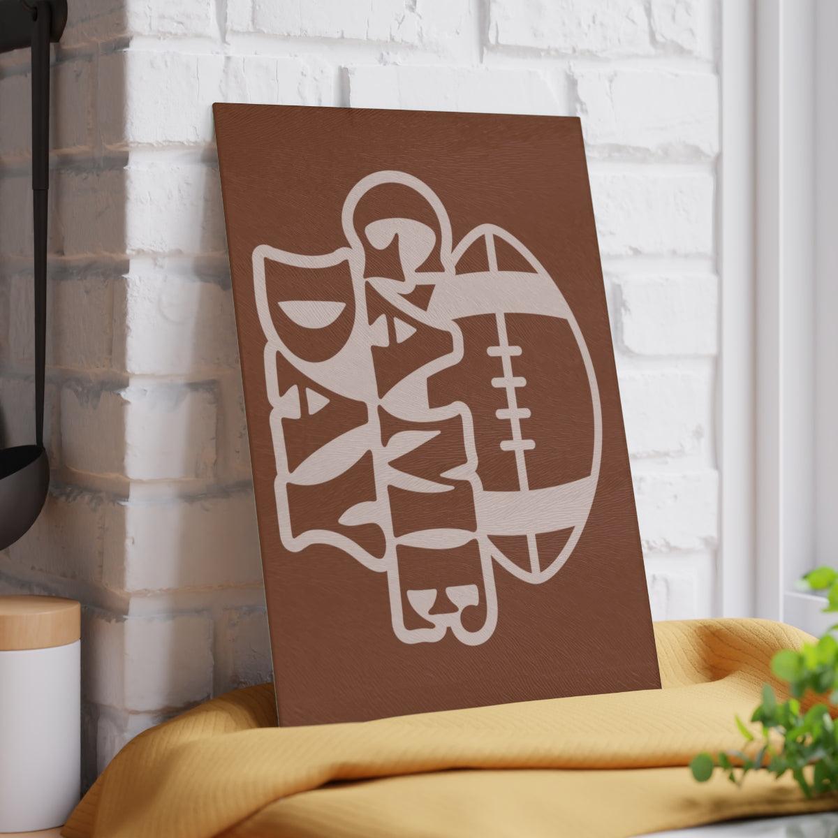 Game Day Football Glass Cutting Board vertical against wall light colored words