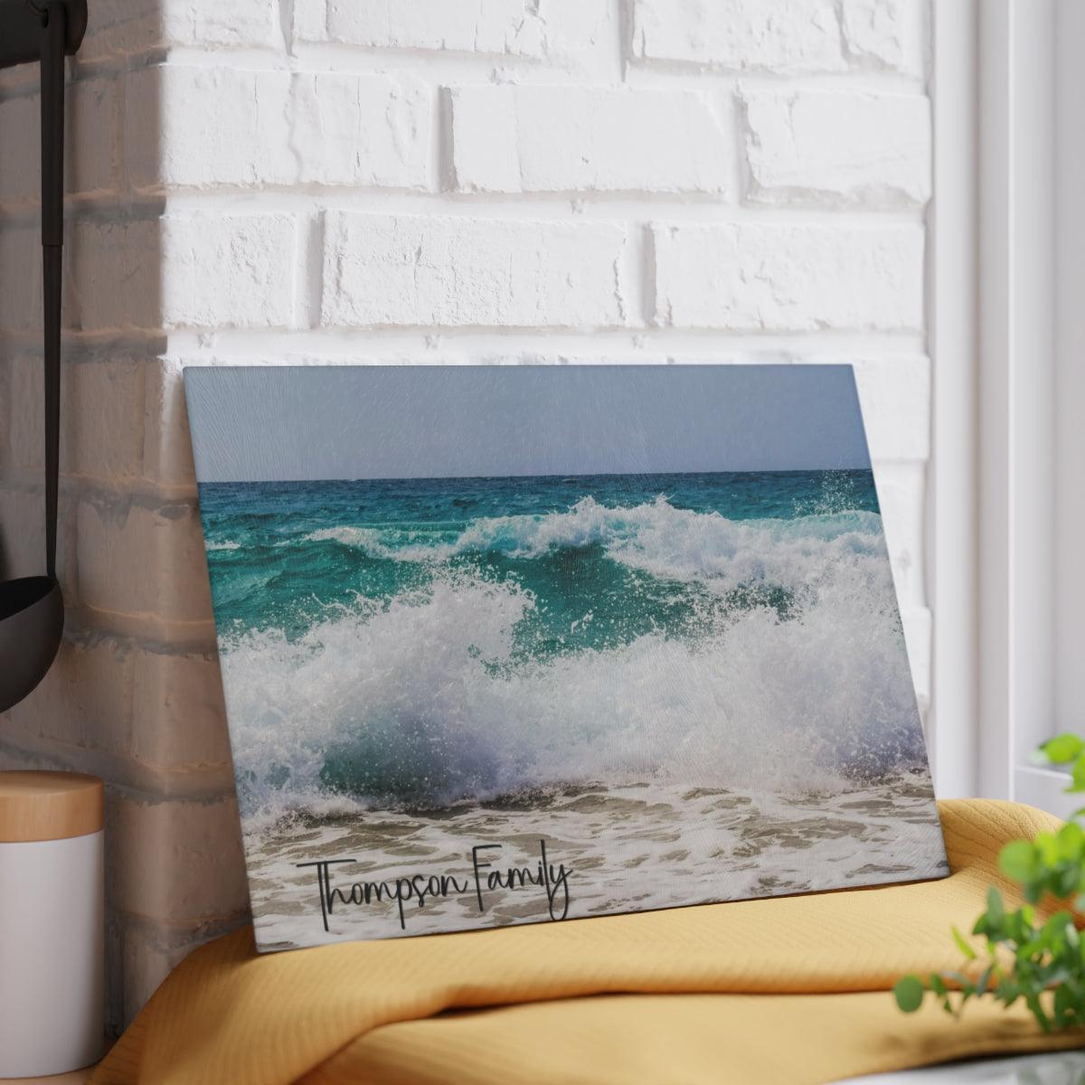 Personalized Ocean Waves Glass Cutting Board against wall