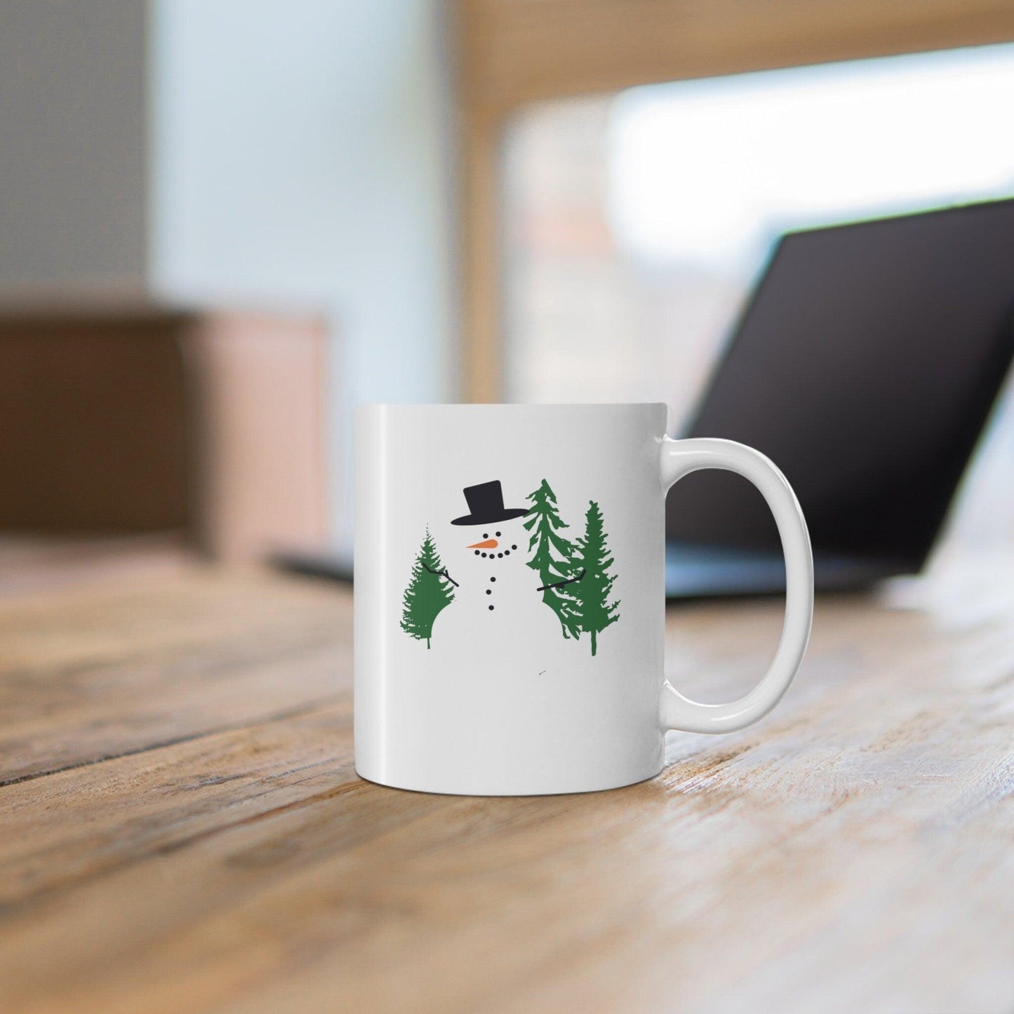 Snowman with Trees Retro Coffee Mug on table