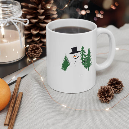 Snowman Mug, Snowman with Trees Retro Coffee Mug