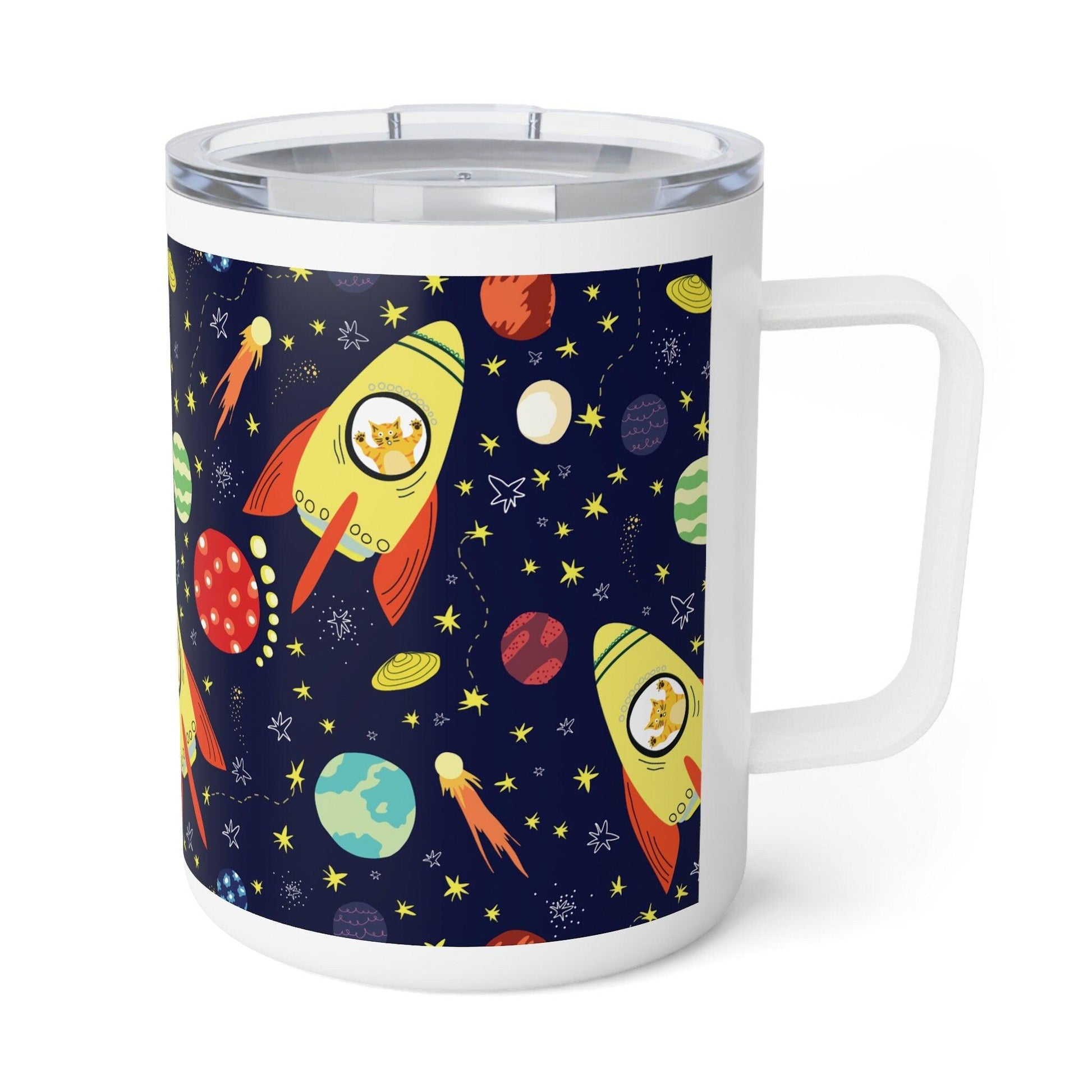 Outer Space with Rockets and Cats Inside Insulated Coffee Mug, Great Kids or Toddlers Mug to Keep Milk Cold or Whatever, Sippy Cup, Outdoors