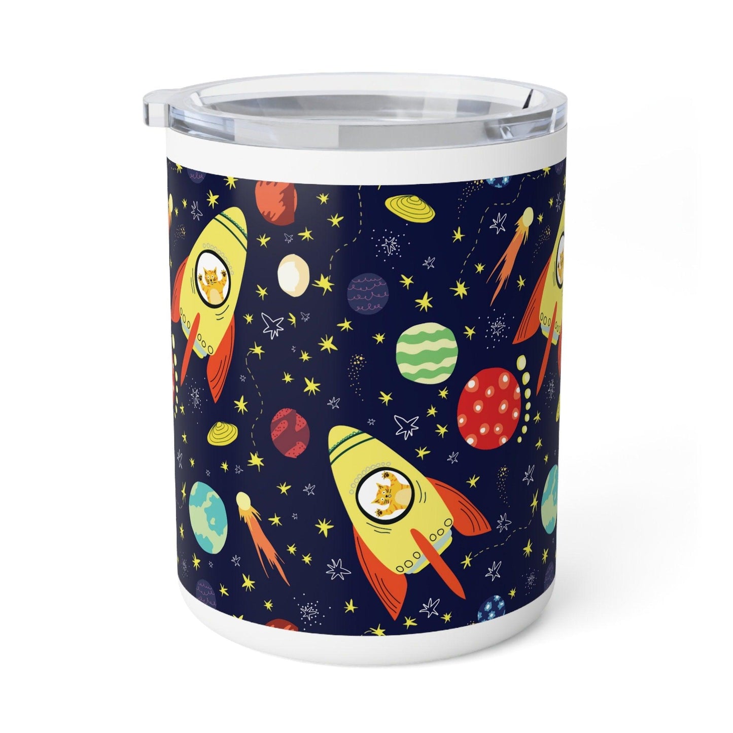 Outer Space with Rockets and Cats Inside Insulated Coffee Mug front