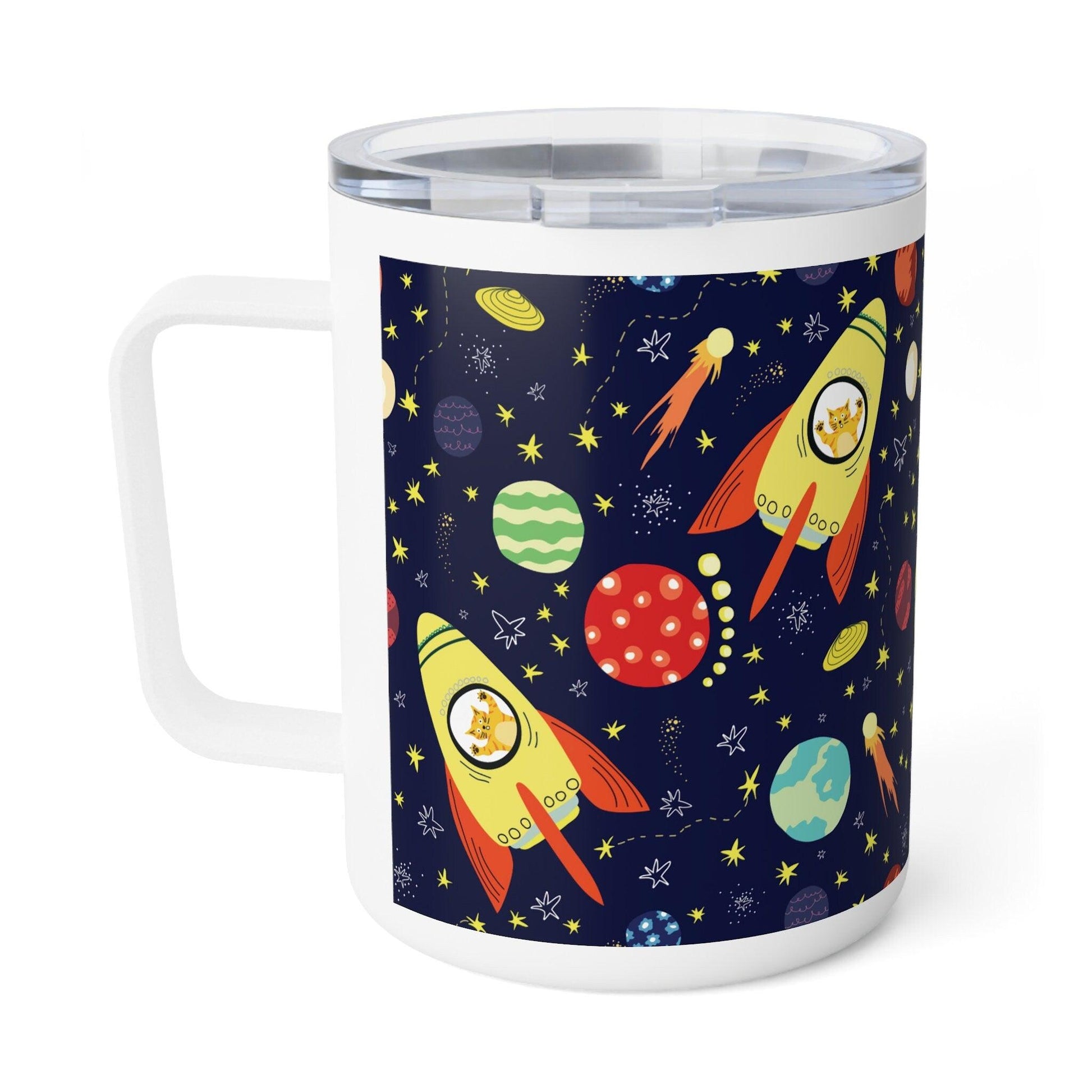 Outer Space with Rockets and Cats Inside Insulated Coffee Mug back