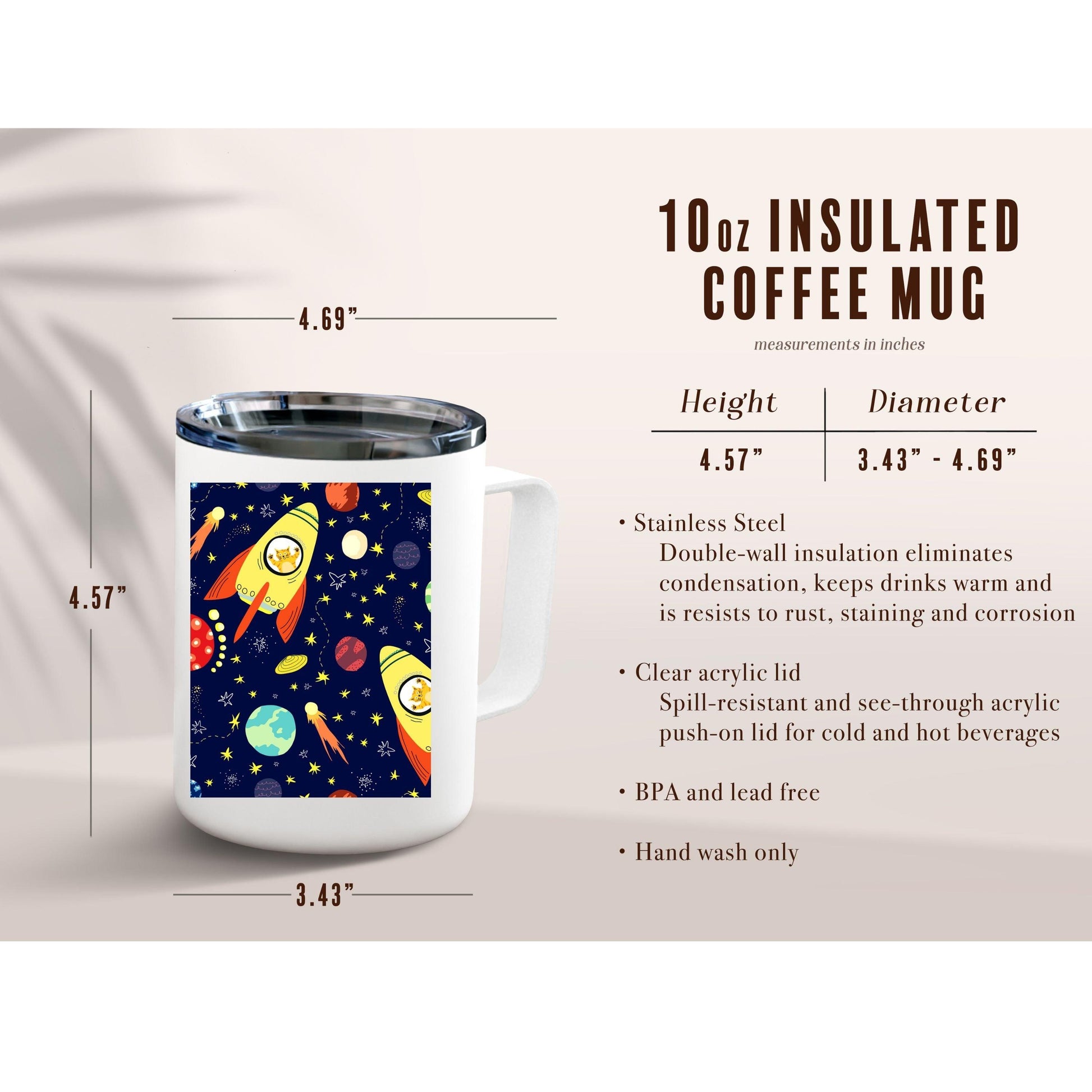 Outer Space with Rockets and Cats Inside Insulated Coffee Mug sizing chart