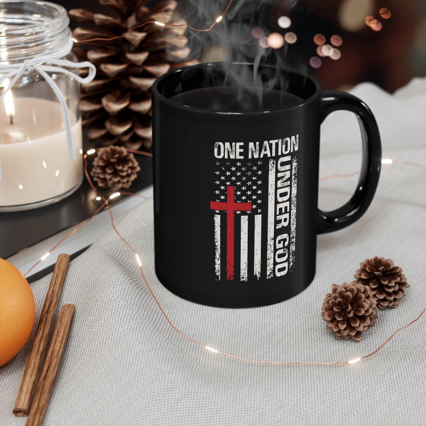 One Nation Under God Flag Black Coffee Mug back