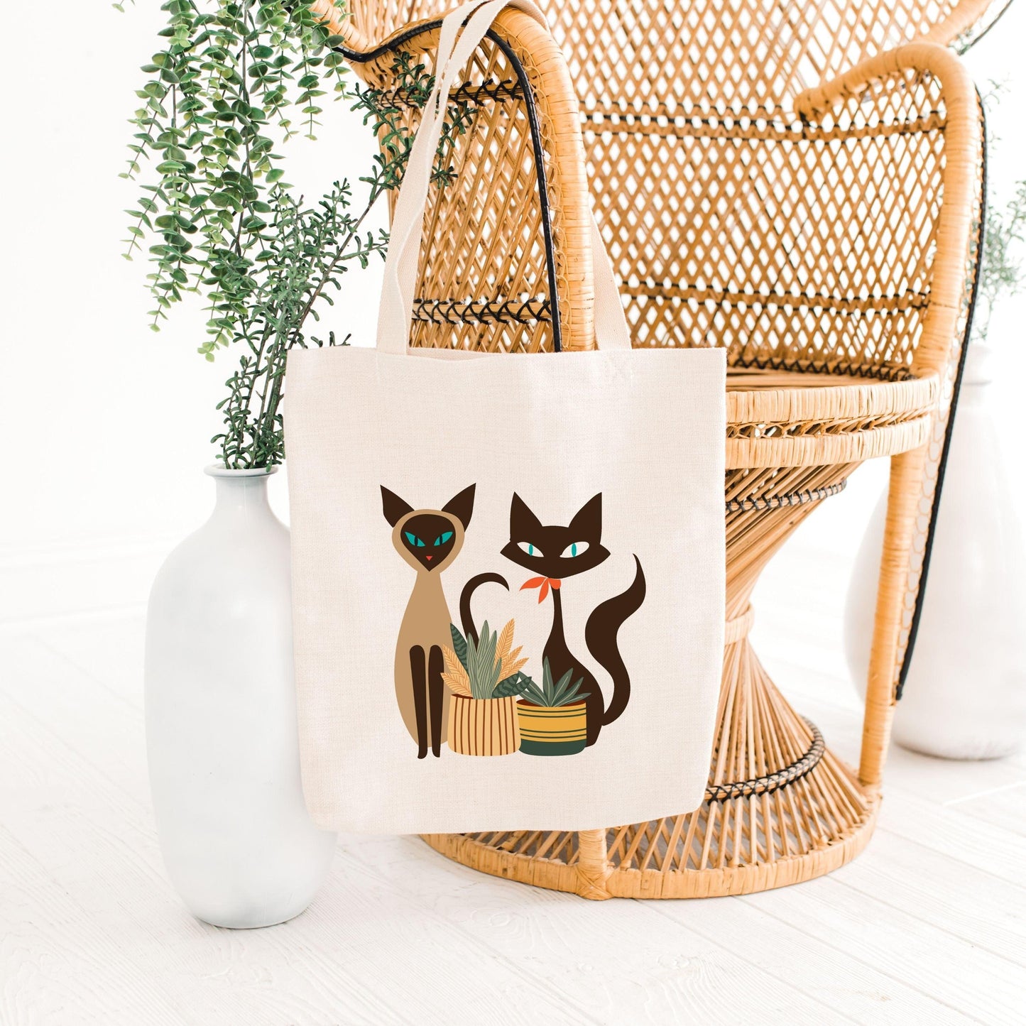 Siamese Cats and Plants Canvas Tote Bag on chair