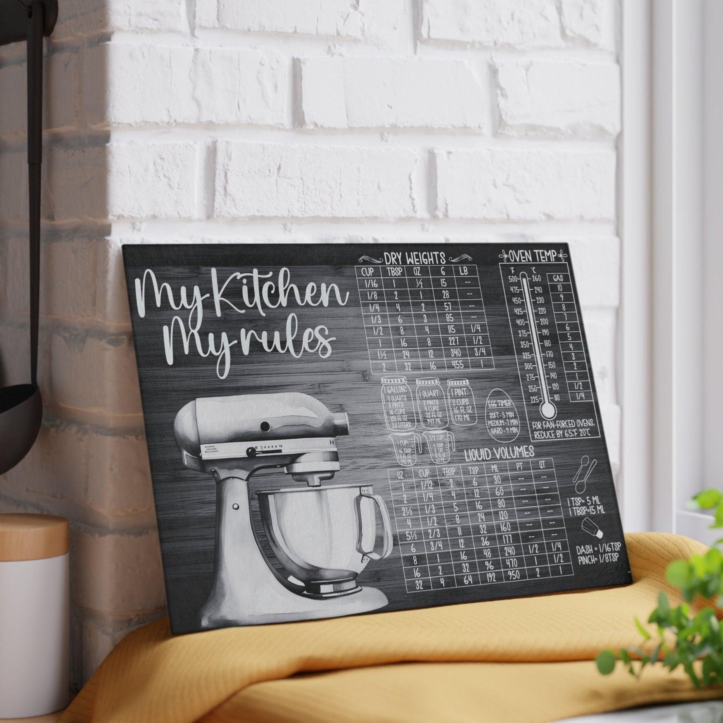 My Kitchen My Rules Black Glass Cutting Board against wall