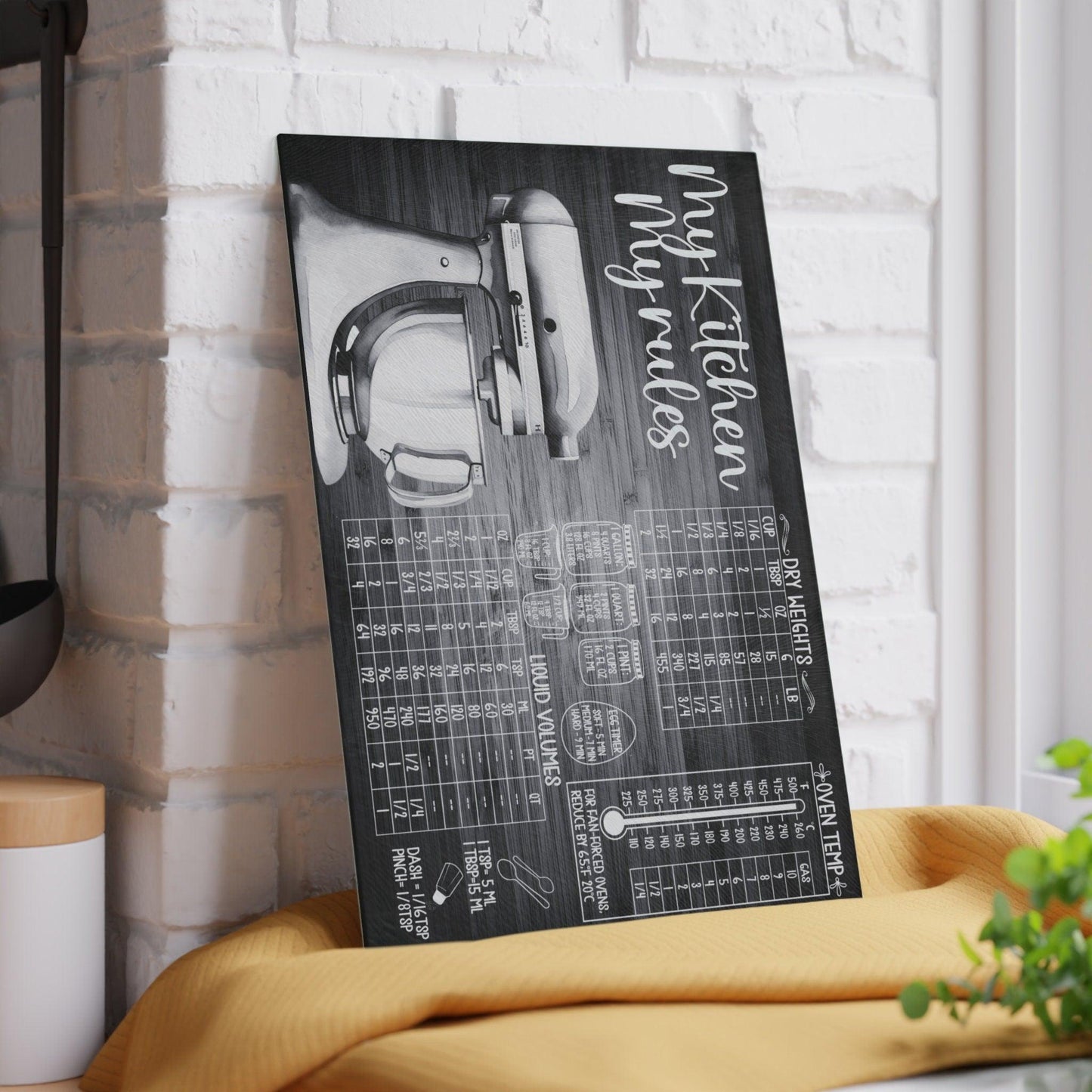 My Kitchen My Rules Black Glass Cutting Board against wall vertical