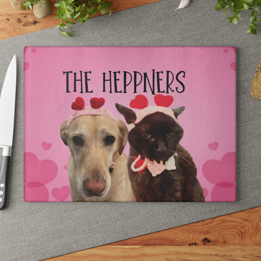 Personalized Funny Pet Glass Cutting Board on table