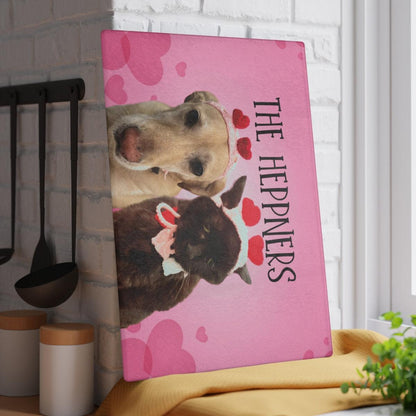 Personalized Funny Pet Glass Cutting Board against wall vertical