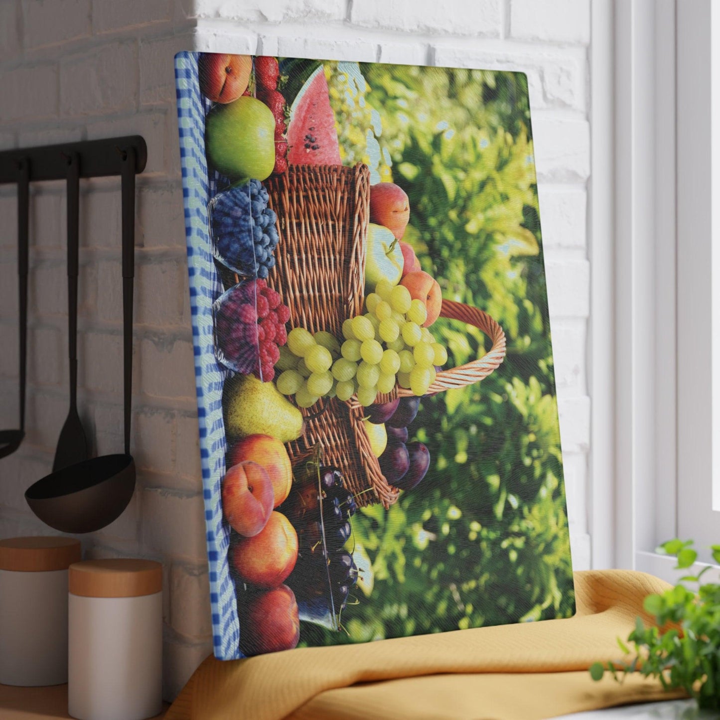 Fruit Basket Glass Cutting Board against wall vertical