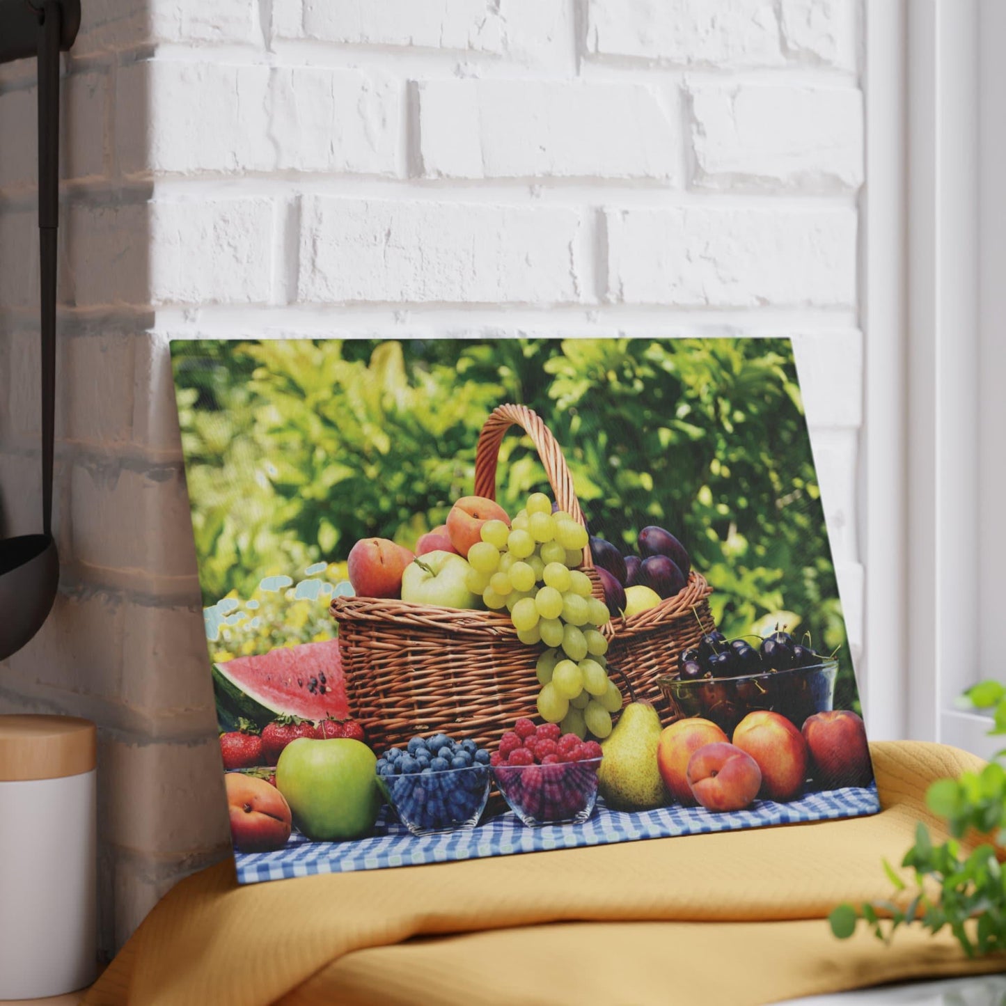 Fruit Basket Glass Cutting Board against wall