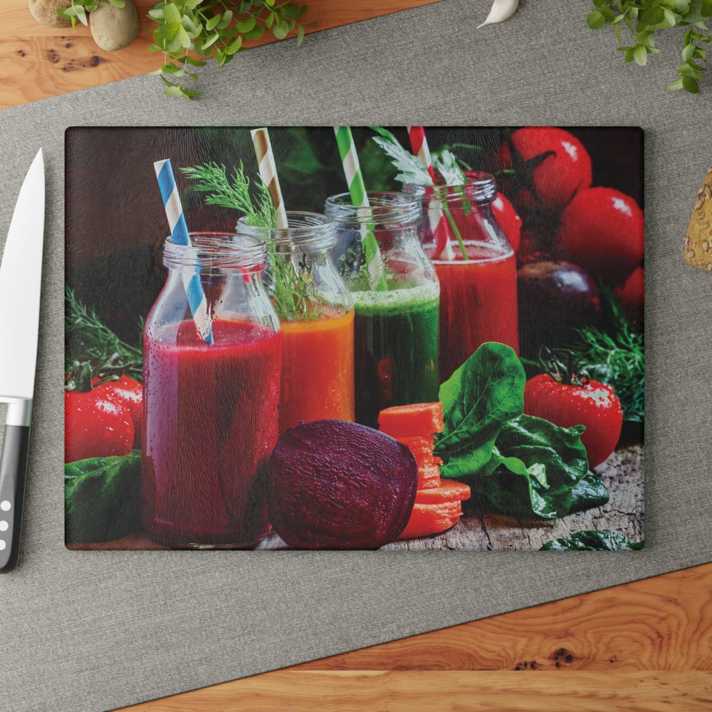 Veggie Smoothie Glass Cutting Board on table