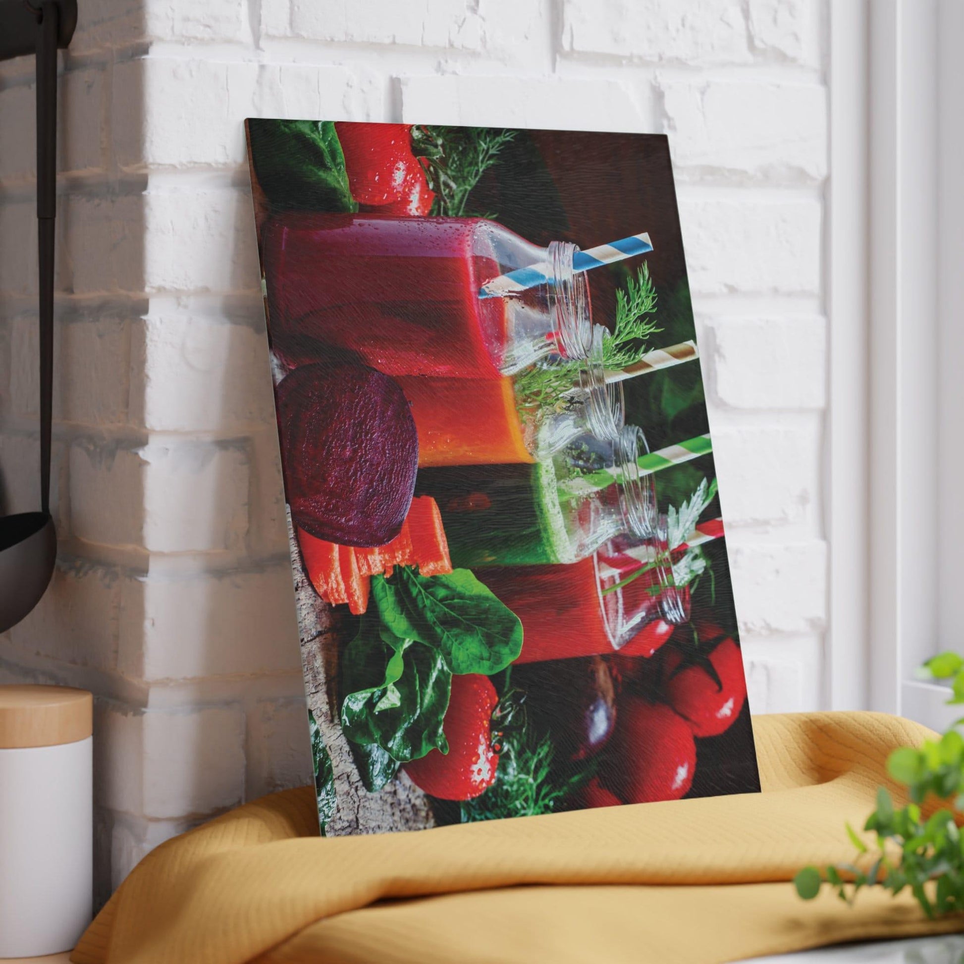 Veggie Smoothie Glass Cutting Board against wall vertical