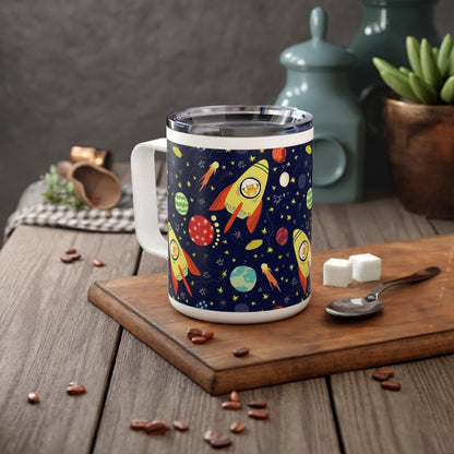 Outer Space with Rockets and Cats Inside Insulated Coffee Mug on table