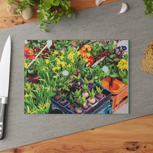 Flowers Blubs and Pots Garden Glass Cutting Board on table