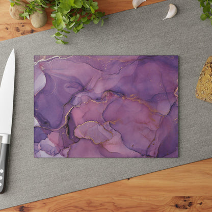 Purple Marble Design Glass Cutting Board on table