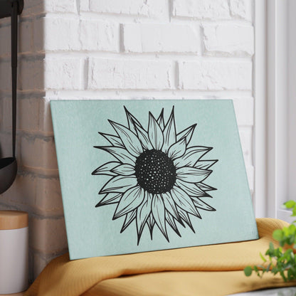 Sunflower Glass Cutting Board against wall