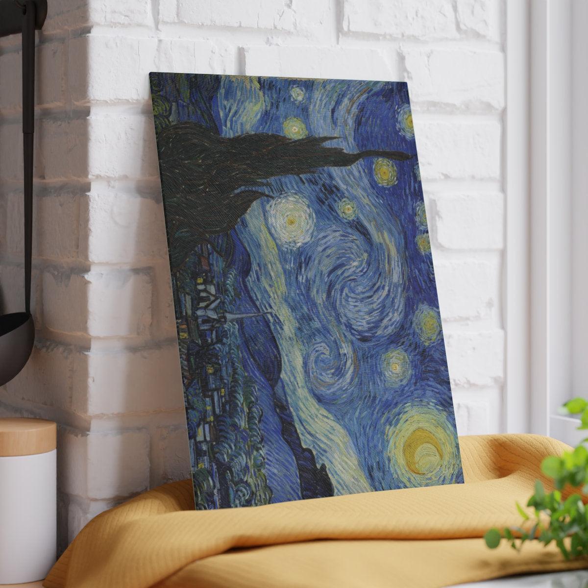 Starry Night Vincent Van Gogh Glass Cutting Board against wall vertical