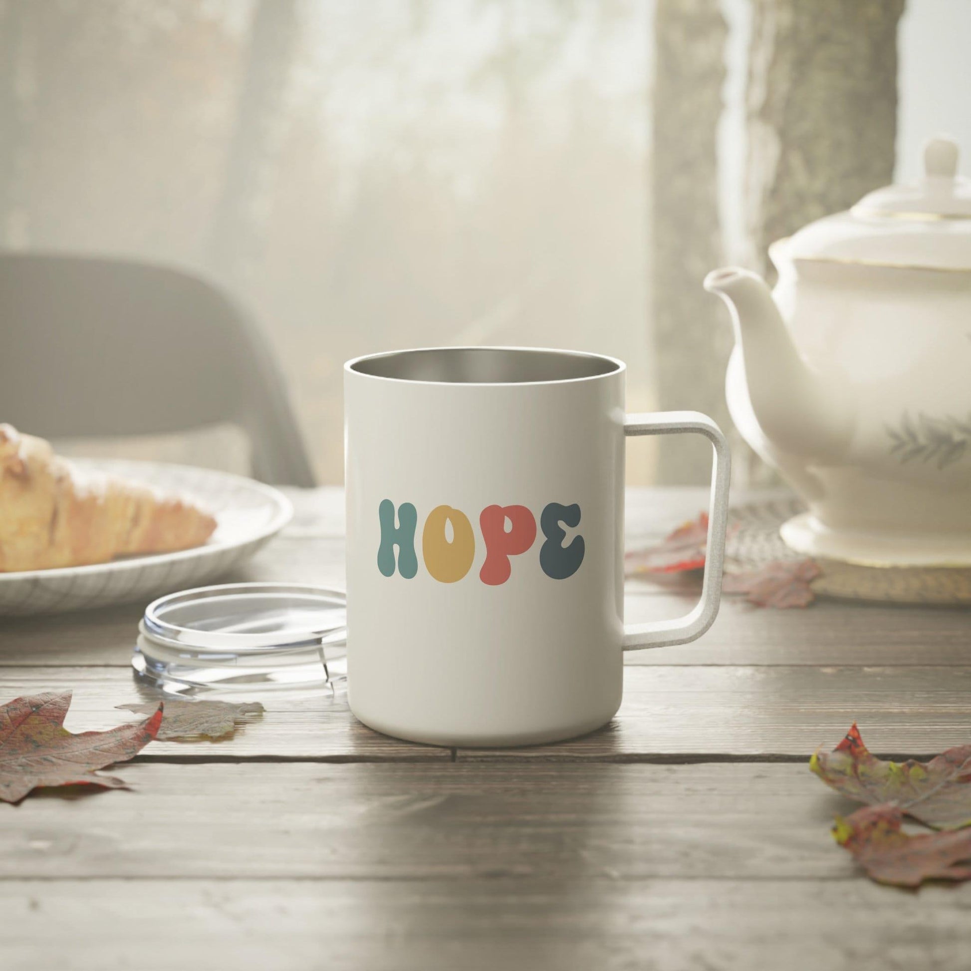 Hope Insulated Coffee Mug, Inspirational Mug on table