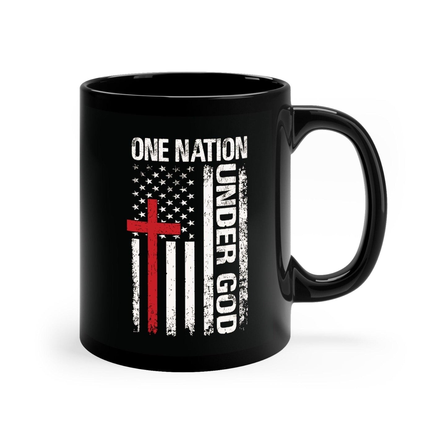 One Nation Under God Flag Black Coffee Mug, Patriotic Coffee Cup