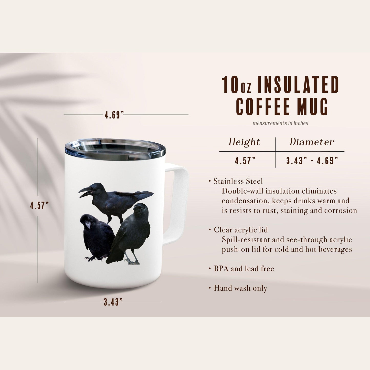 Crows Insulated Coffee Mug description and size