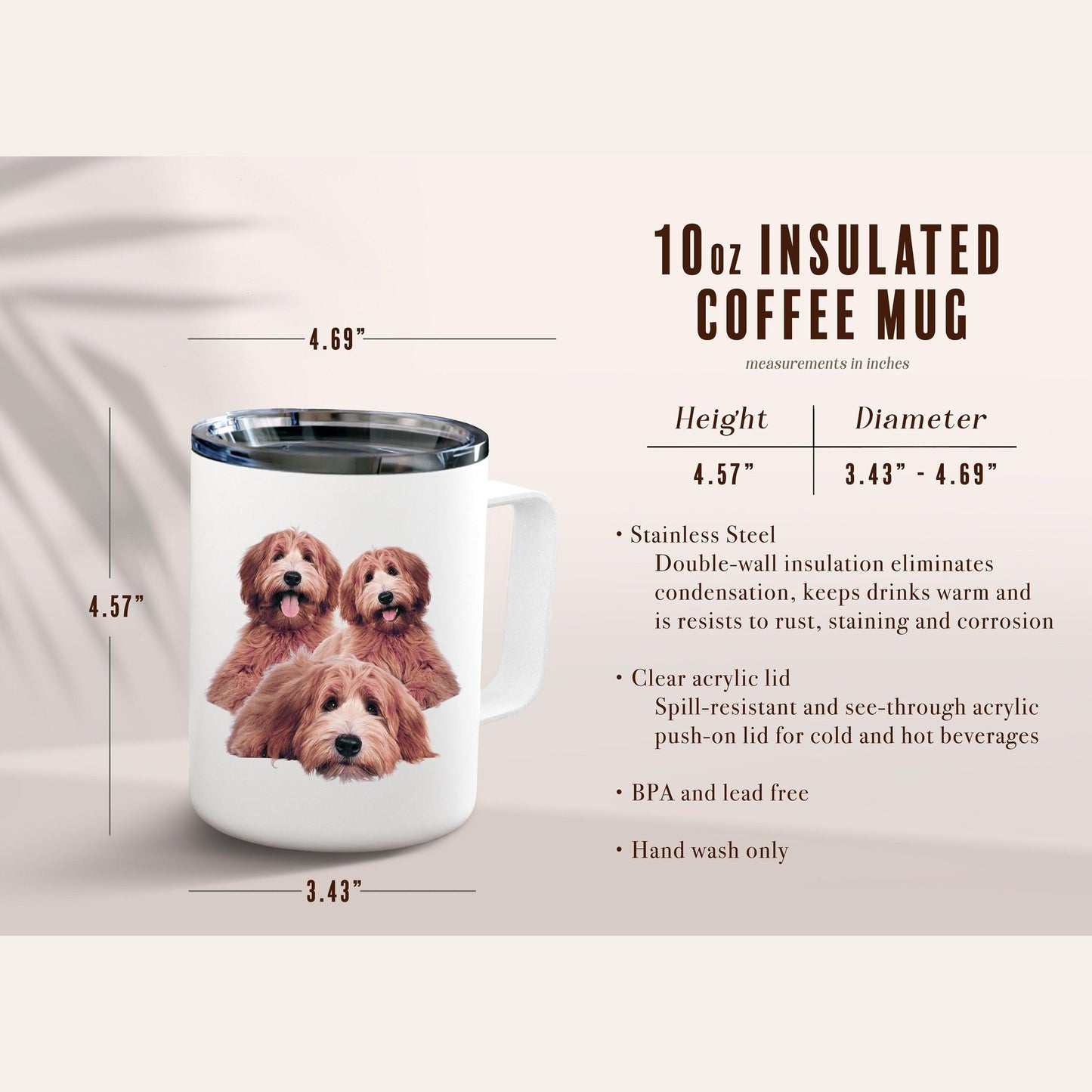 Golden Doodle Insulated Coffee Mug sizing chart