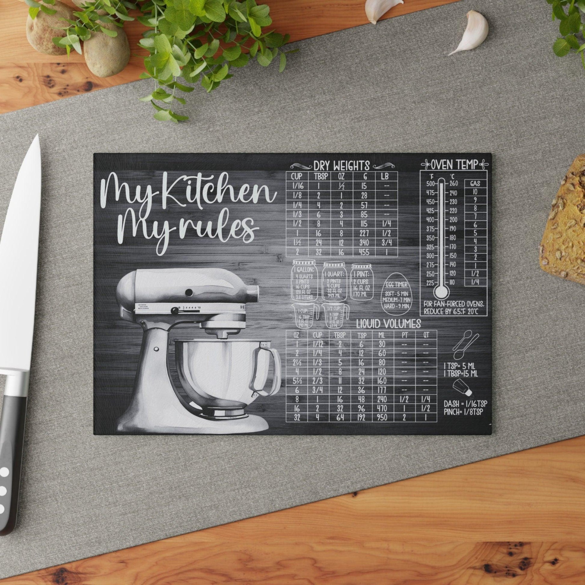 My Kitchen My Rules Black Glass Cutting Board on table