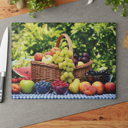 Fruit Basket Glass Cutting Board on table