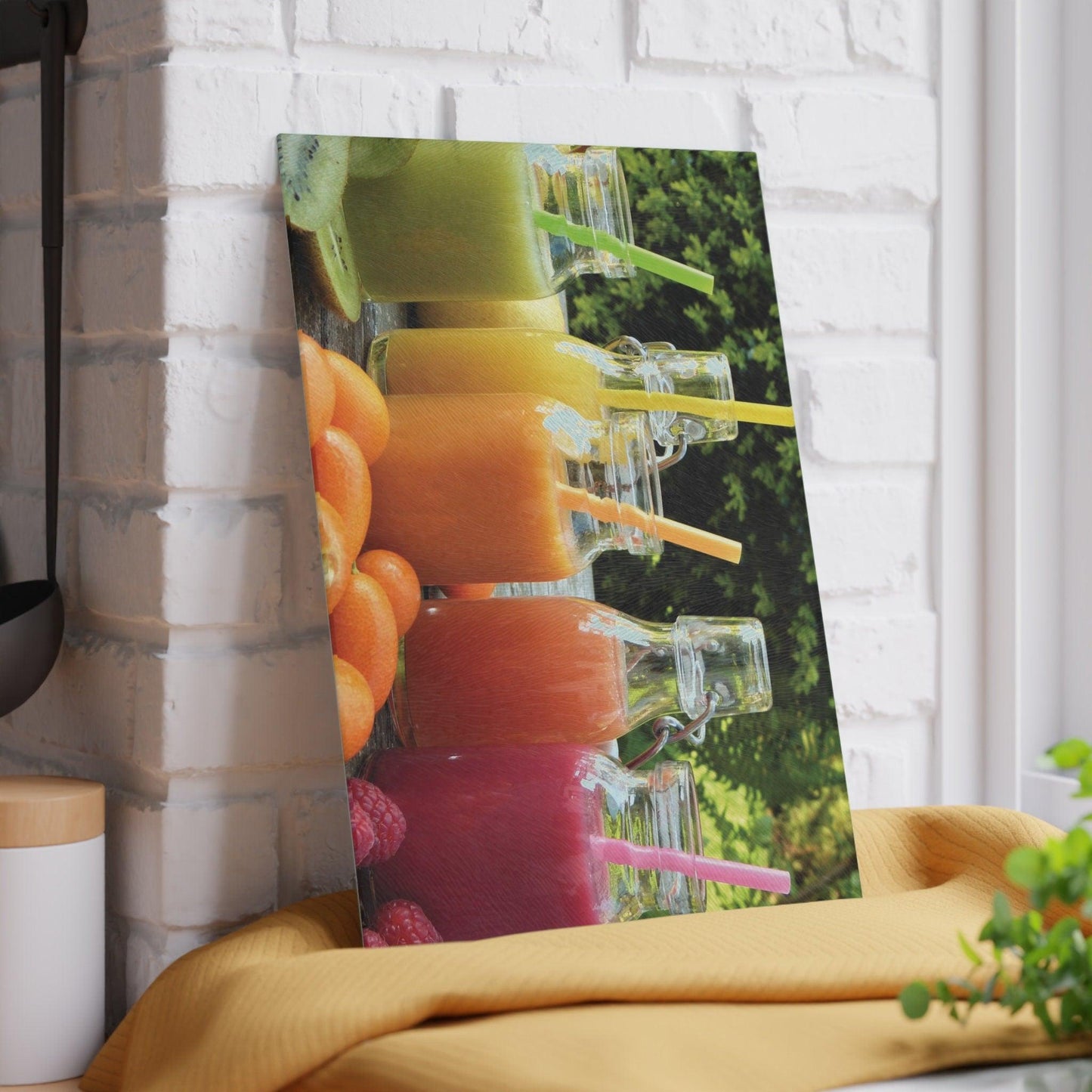 Fruit Smoothies Glass Cutting Board against wall vertical