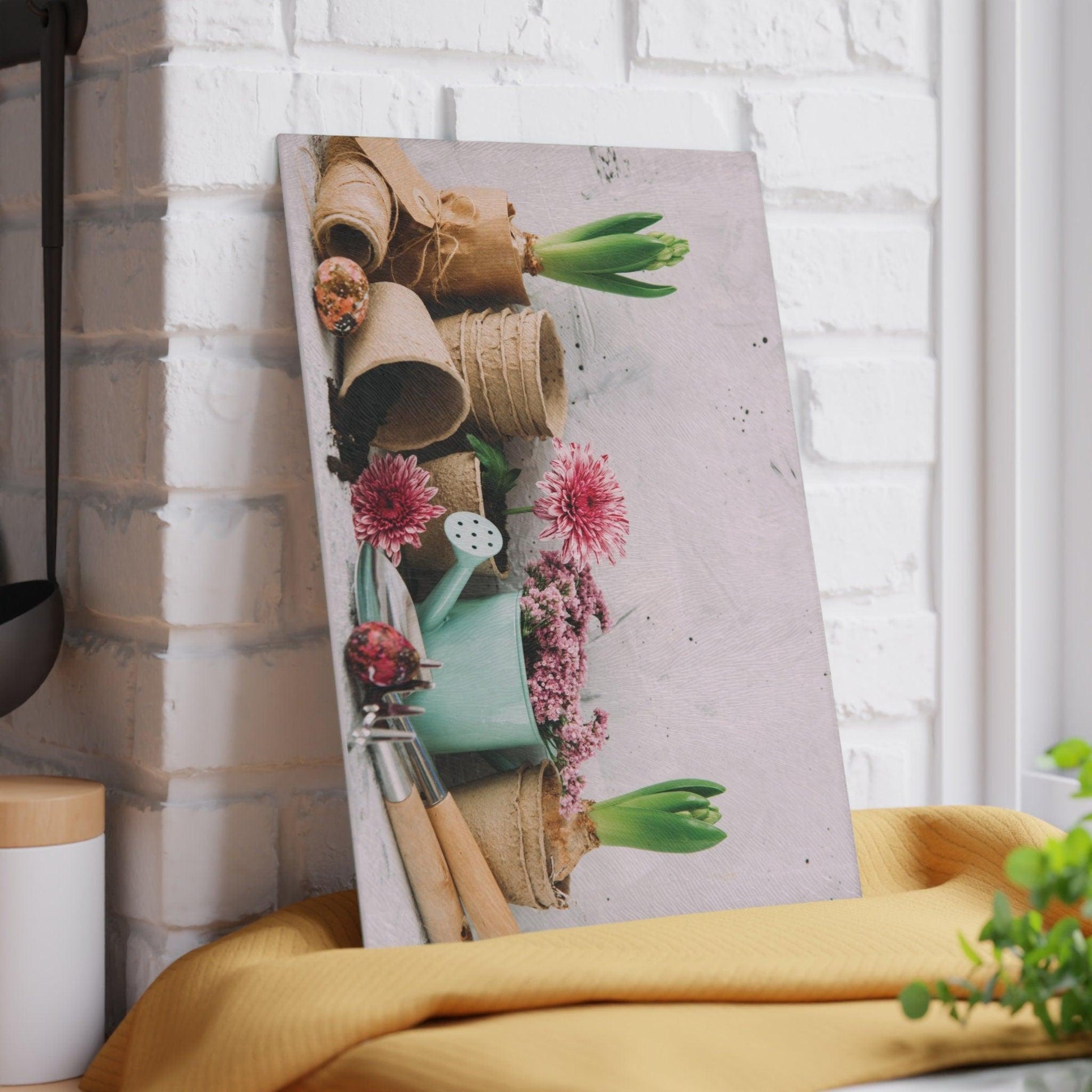 Garden Pots and Plants Glass Cutting Board against wall vertical