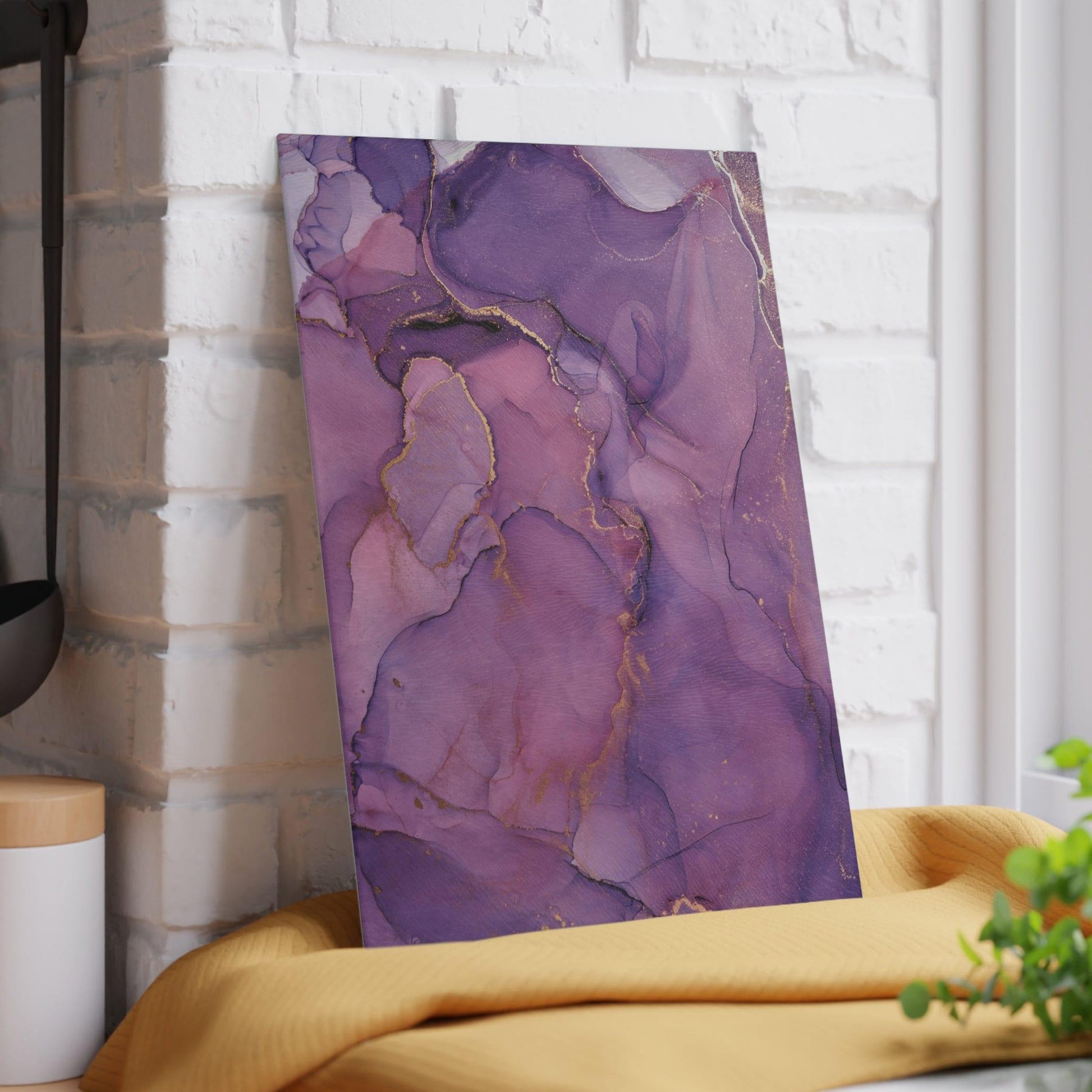 Purple Marble Design Glass Cutting Board against wall vertical