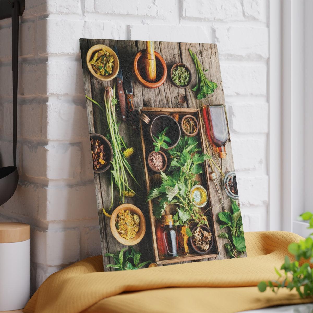 Garden Herbs Glass Cutting Board against wall vertical