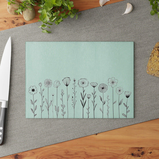 Wild Flower Glass Cutting Board on table