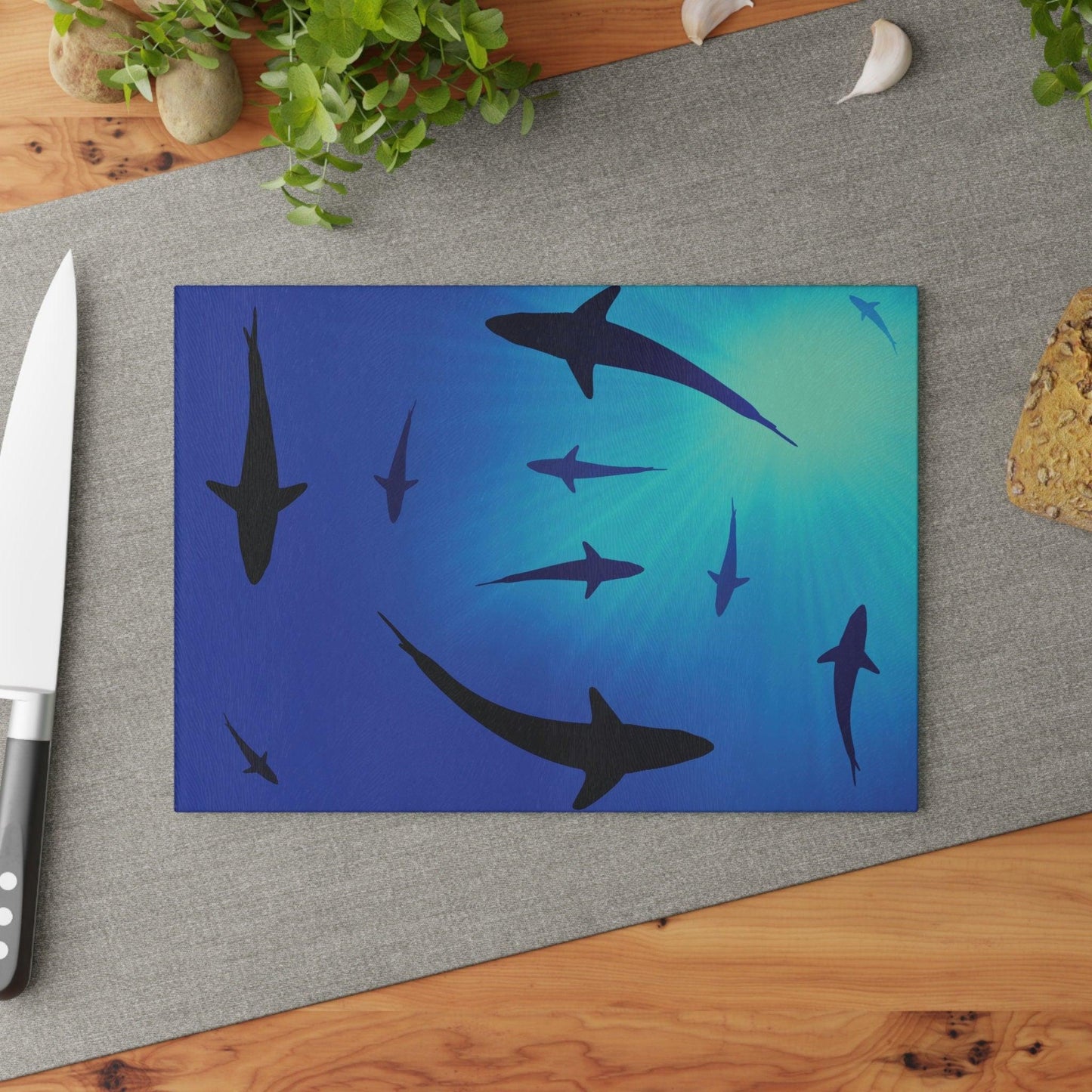 Sharks Glass Cutting Board on table