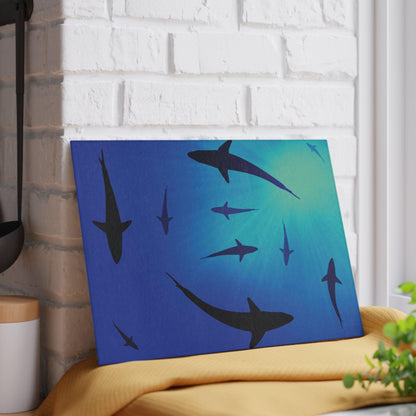 Sharks Glass Cutting Board against wall