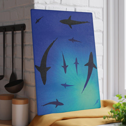 Sharks Glass Cutting Board against wall vertical